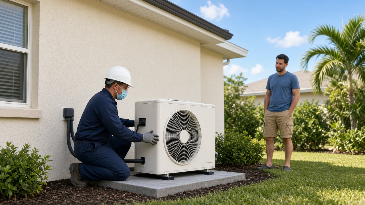 HVAC technician servicing an outdoor AC unit with homeowner nearby