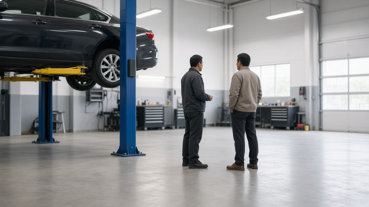 Modern auto repair bay with technician assisting a customer