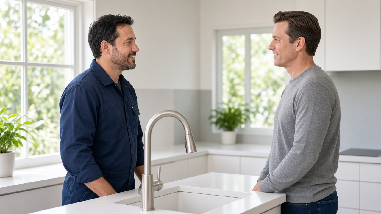 Plumber consulting with homeowner in a clean kitchen