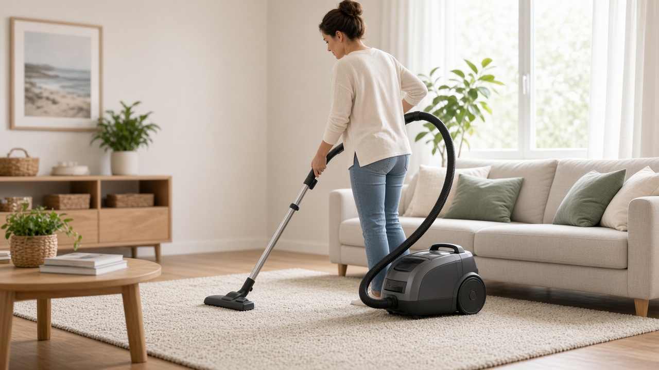 In-home cleaning system demonstration in a bright living room